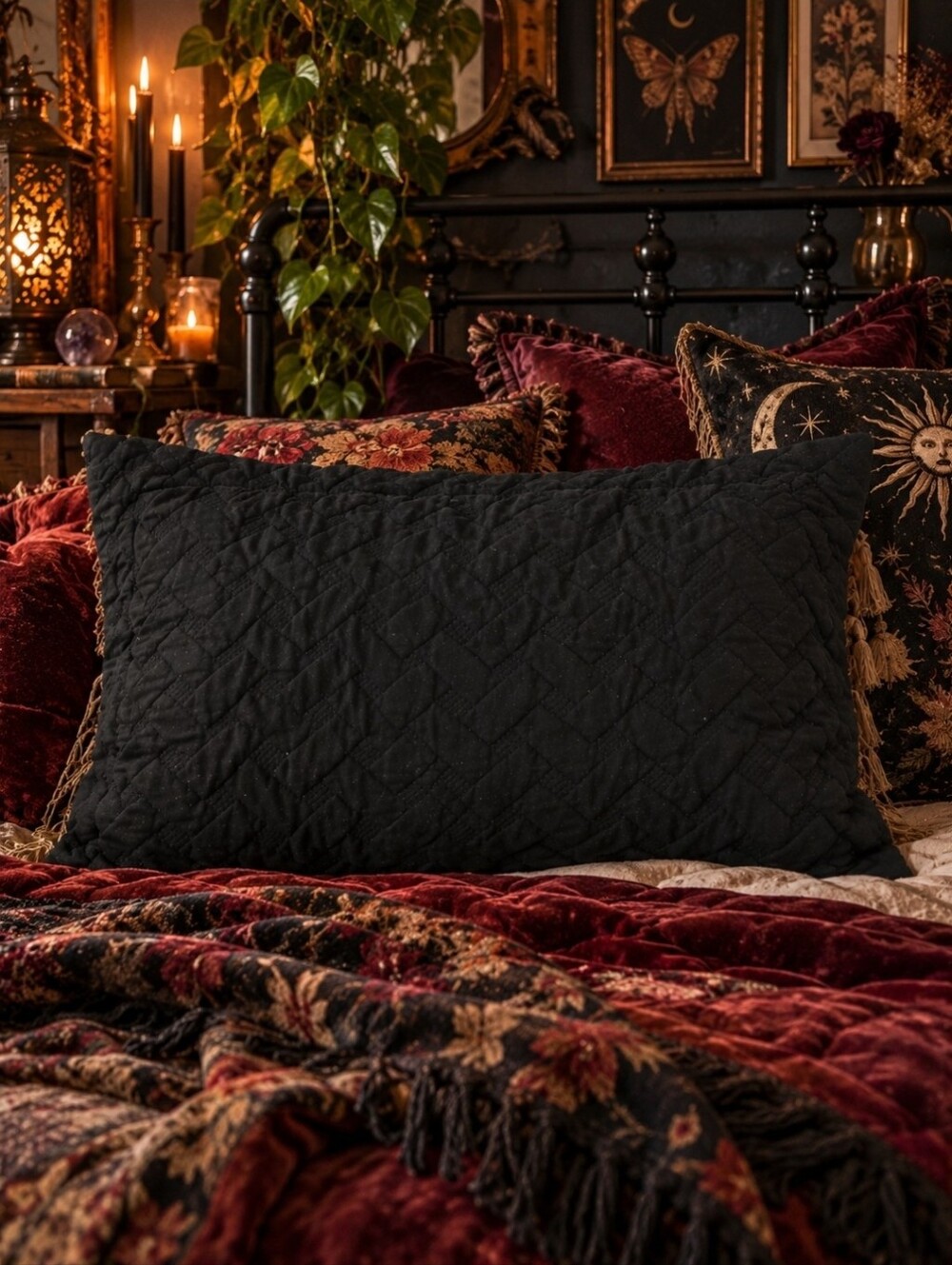 4/$15 Black Quilted Pillow Bedsure | Boho Dark Academia Gothic Eclectic Maximal